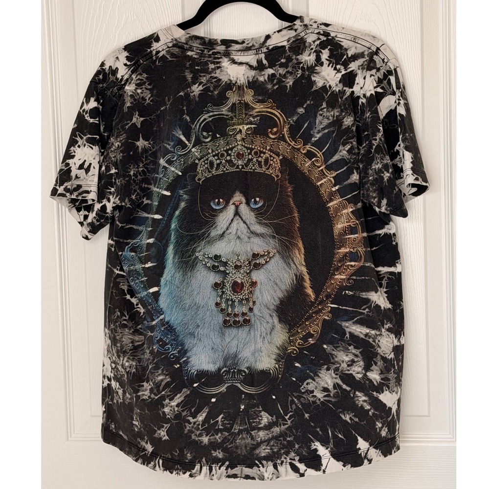 Caballo Mens Royal Cat Crown Graphic Tee Black White Tie Dye Acid Wash Shirt M